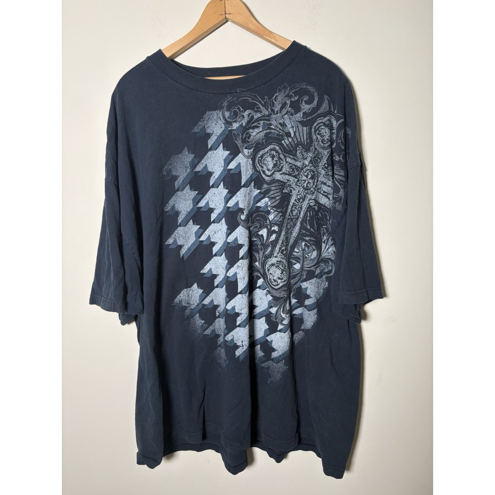 Hybrid Tees Y2K Cross Graphic Shirt Mens 2XL Black Gothic Houndstooth Punk Goth